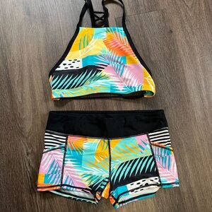 Body Glove Yellow and Blue Bikini Sporty Tropical Design- Top L, bottom M